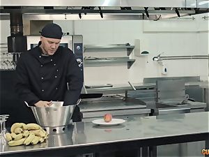 Chef Nacho Vidal boinks his fresh boss in the kitchen