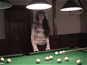 bony tiny bitch gets tag teamed on the pool table